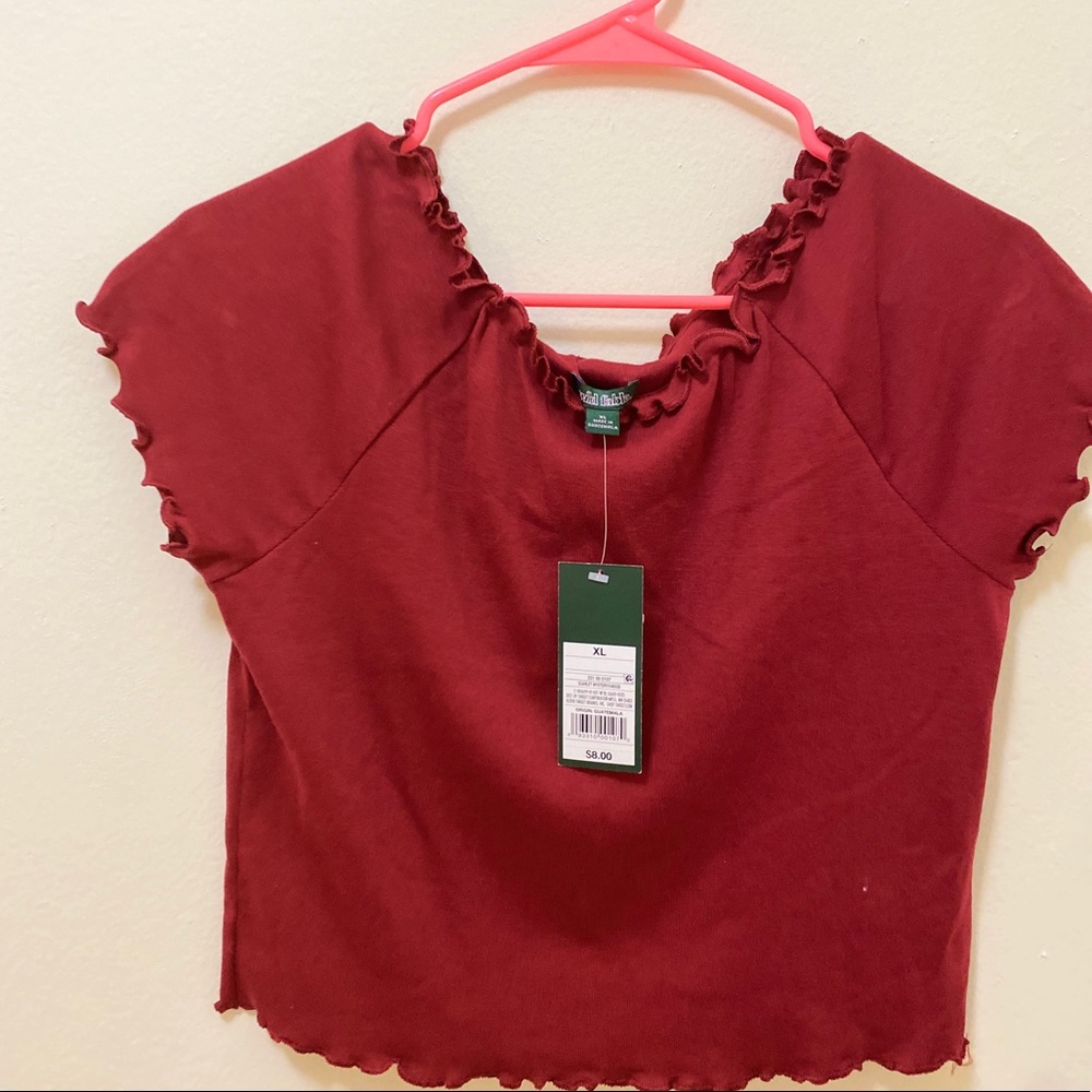 Off the shoulder red crop top.